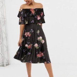 ASOS Women's Size 4 Small Off The Shoulder Midi Dress Black Floral Velvet Print